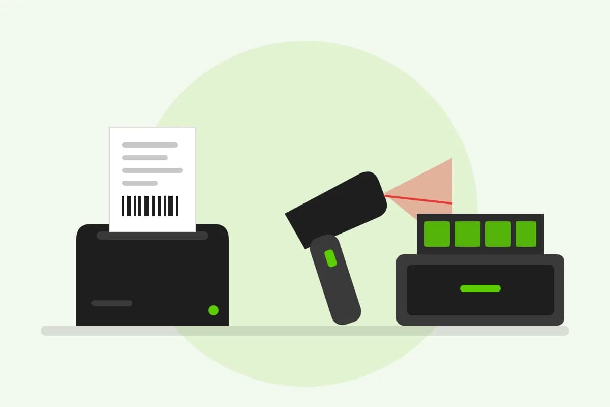 Ilustração de equipamentos de automação comercial: impressora térmica imprimindo cupom com código de barras, leitor de código de barras com feixe vermelho e gaveta de dinheiro aberta
