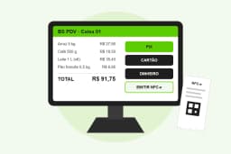 Miniatura: Ilustração da tela do BS PDV no caixa com itens de mercado, total da compra, botões de pagamento e cupom de NFC-e impresso